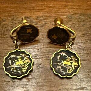 Vintage Japanese Damascene Drop Screw on Earrings